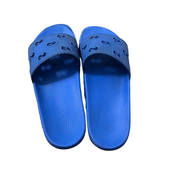 Gucci Mens Blue GG Cut Out Rubber Slide Sandals Size 9.5